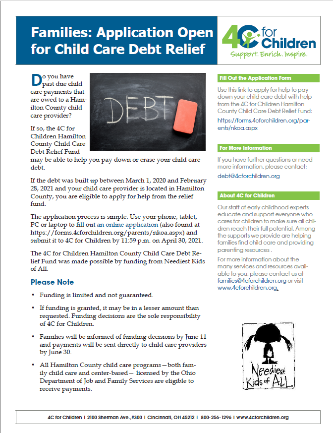 Hamilton County Child Care Debt Relief Fund Application Open! 4C for
