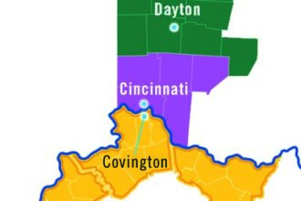 Map showcasing Dayton, Cincinnati, Covington, Louisville, and Morehead