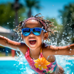 girl with goggles plays in water