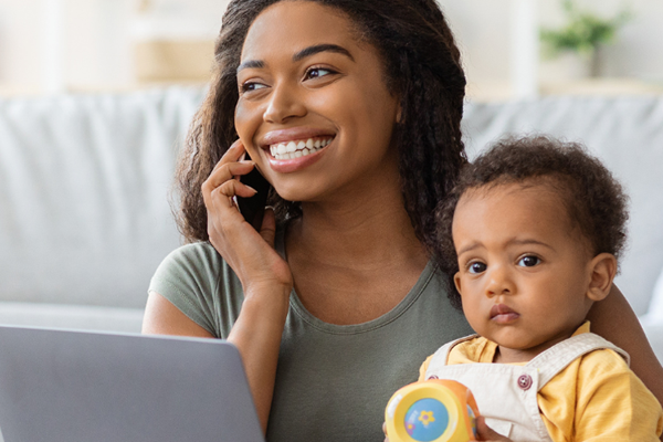 Young mother talking on phone
