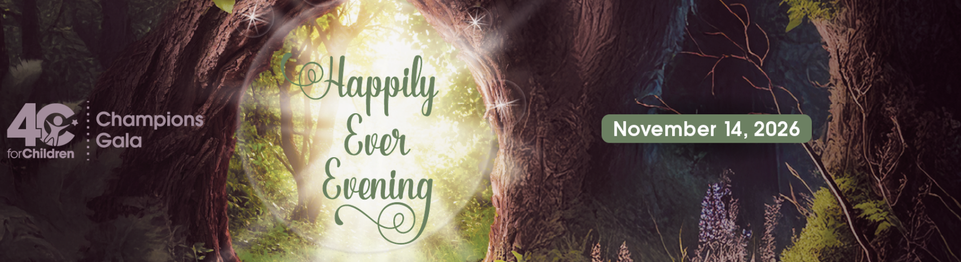 A magical forest scene with light shining through a tree opening, featuring the text 